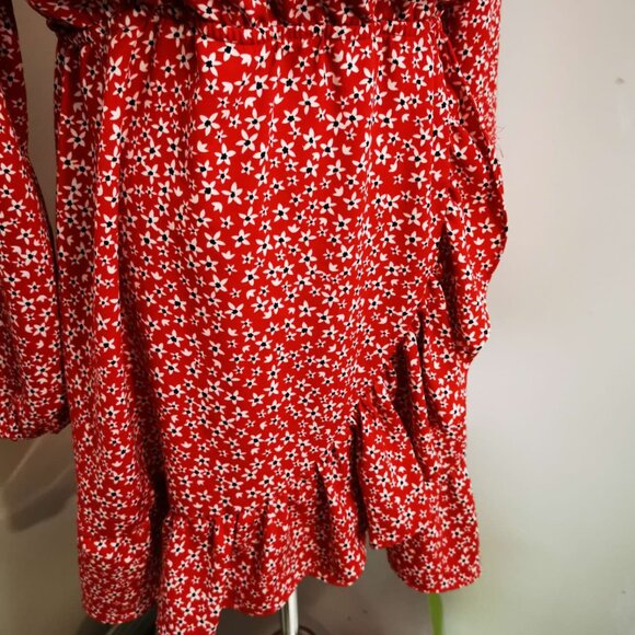 Dynamite Bright Red Floral Ruffle Wrap Long Sleeve Dress(M) - Picture 8 of 10